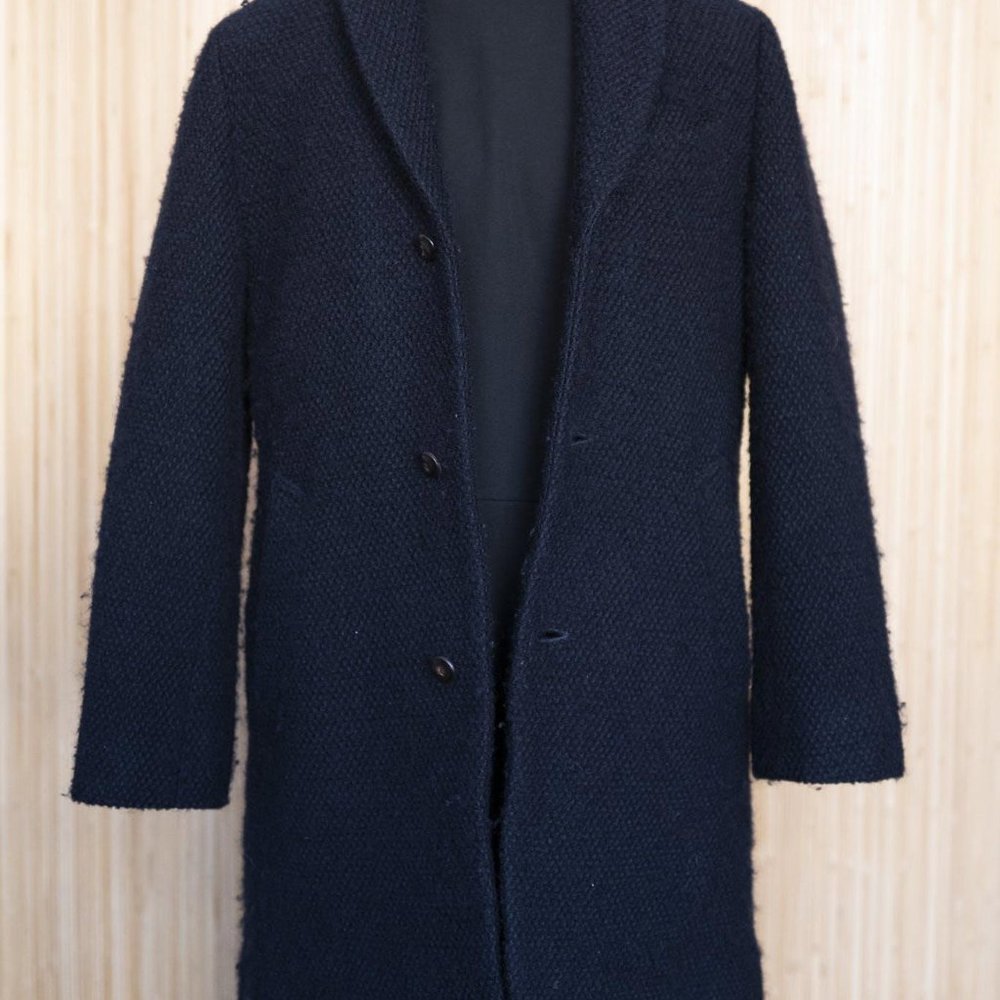 Arigato Navy Blue Button Up Overcoat 100% Wool